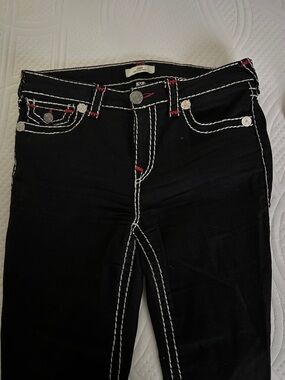 True Religion-Black Joey Mid Rise Flair Jeans with Contrast Stitching-Red/White